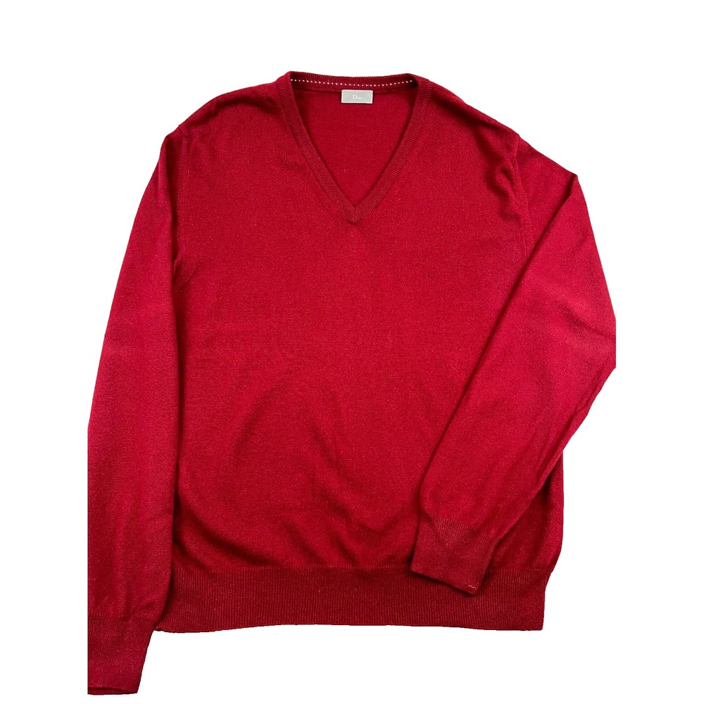 Christian Dior Sweater Womens XL Red 100% Cashmere Knit Ribbed V Neck *Read*